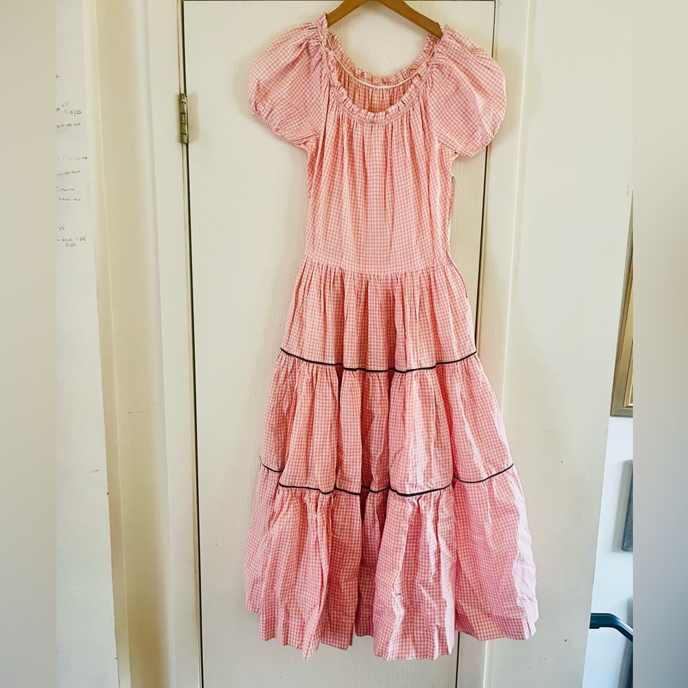 VTG 50s Pink Gingham Picnic Cake Tiered Dancing Western Prairie Milkmaid Dress S